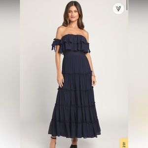 Chance For Us Navy Blue Off-the-Shoulder Ruffled Maxi Dress